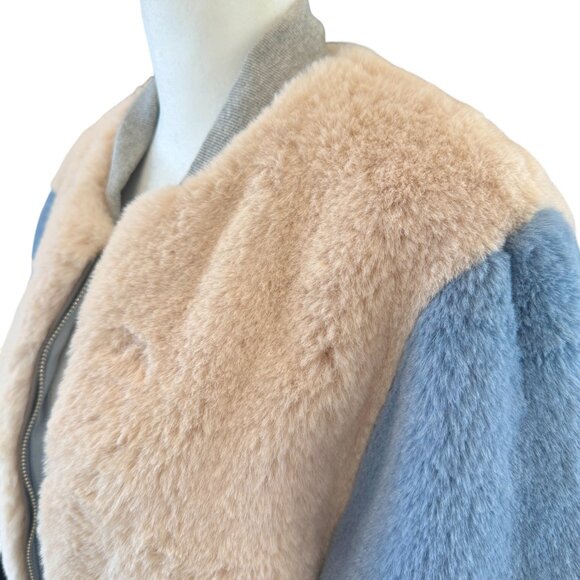SHACI Colorblock Faux Fur Bomber Jacket in Blue & Blush – Size M - Picture 2 of 9